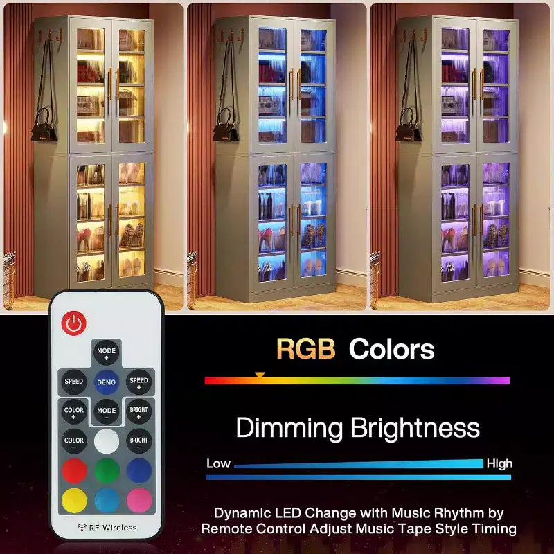 Bibliothèque Lantine avec portes et lumière LED, étagère haute de 170 cm avec 8 niveaux réglables et crochets de suspension