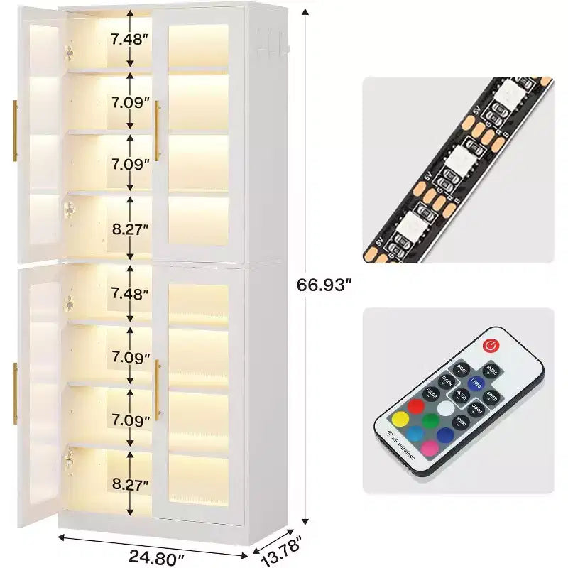 Bibliothèque Lantine avec portes et lumière LED, étagère haute de 170 cm avec 8 niveaux réglables et crochets de suspension