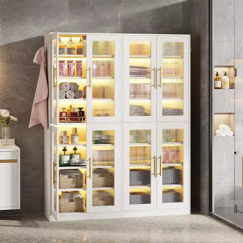 Bibliothèque Lantine avec portes et lumière LED, étagère haute de 170 cm avec 8 niveaux réglables et crochets de suspension