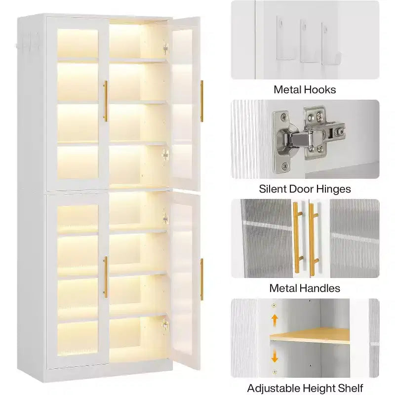 Bibliothèque Lantine avec portes et lumière LED, étagère haute de 170 cm avec 8 niveaux réglables et crochets de suspension