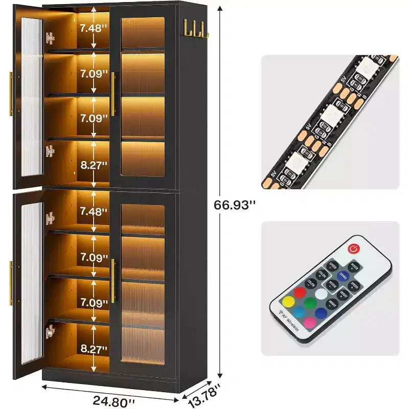 Bibliothèque Lantine avec portes et lumière LED, étagère haute de 170 cm avec 8 niveaux réglables et crochets de suspension