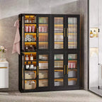 Bibliothèque Lantine avec portes et lumière LED, étagère haute de 170 cm avec 8 niveaux réglables et crochets de suspension