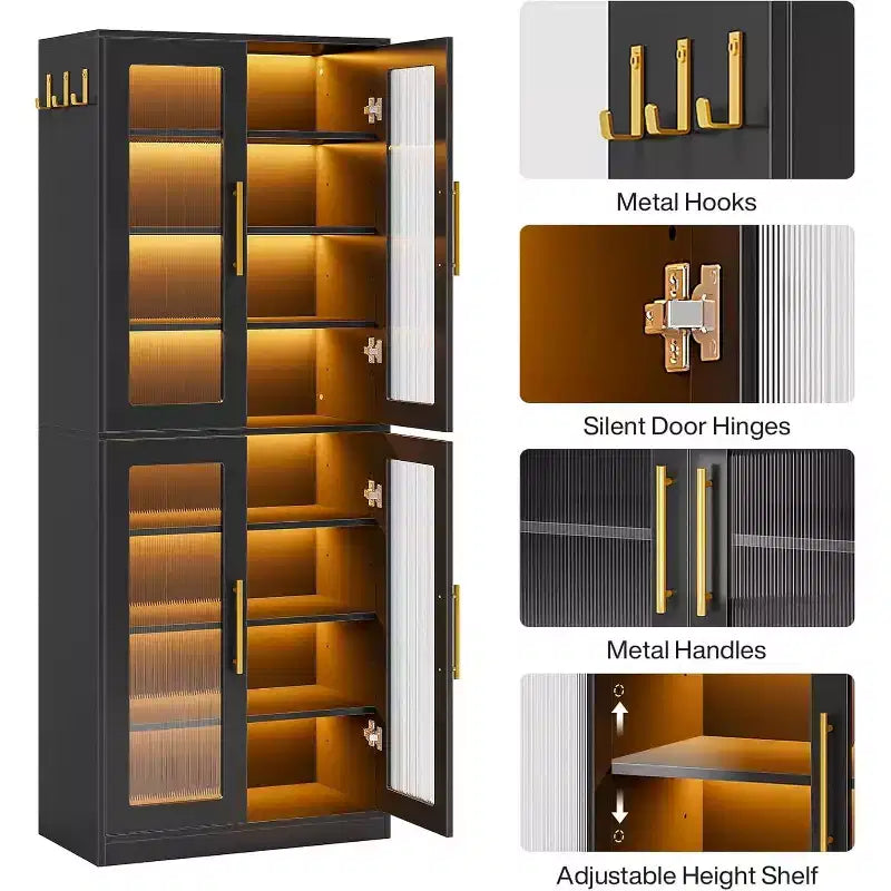 Bibliothèque Lantine avec portes et lumière LED, étagère haute de 170 cm avec 8 niveaux réglables et crochets de suspension