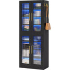 Bibliothèque Lantine avec portes et lumière LED, étagère haute de 170 cm avec 8 niveaux réglables et crochets de suspension