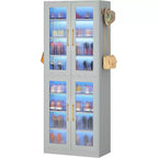 Bibliothèque Lantine avec portes et lumière LED, étagère haute de 170 cm avec 8 niveaux réglables et crochets de suspension