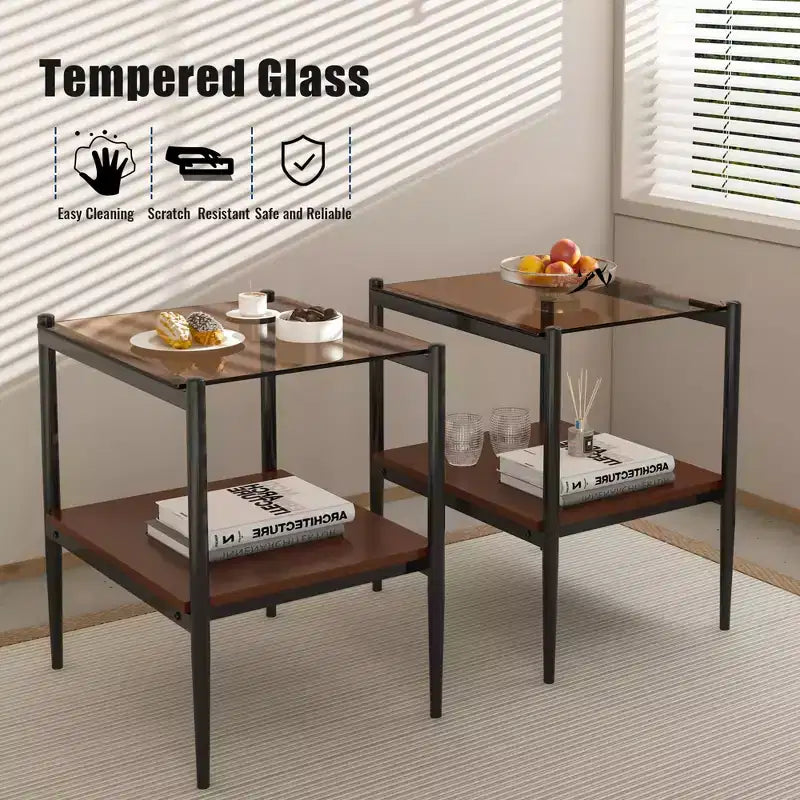 MAYEERTY Lot de 2 tables d'appoint rectangulaires avec plateau en verre trempé, pour salon, verre marron