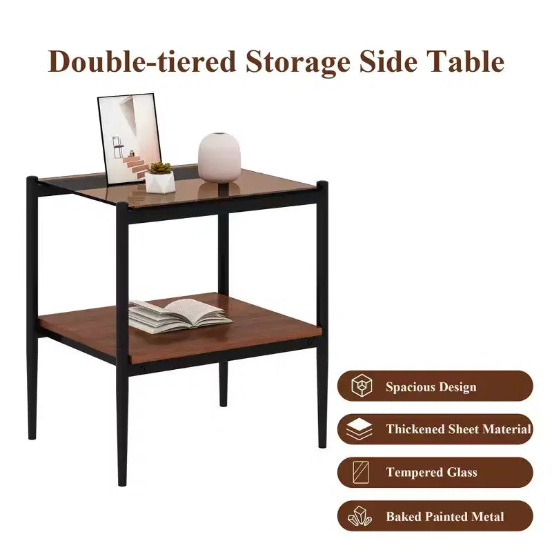 MAYEERTY Lot de 2 tables d'appoint rectangulaires avec plateau en verre trempé, pour salon, verre marron