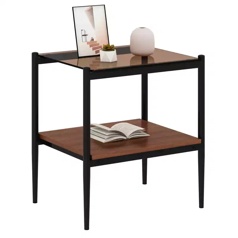 MAYEERTY Lot de 2 tables d'appoint rectangulaires avec plateau en verre trempé, pour salon, verre marron