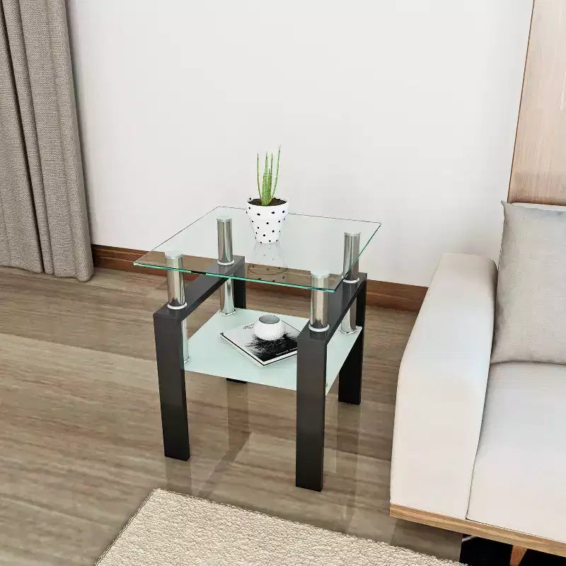 MAYEERTY Table d'appoint moderne en verre trempé, table d'appoint carrée pour salon ou chambre à coucher, transparente