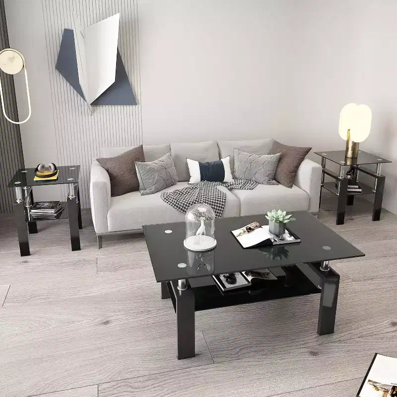 MAYEERTY Table d'appoint moderne en verre trempé, table d'appoint carrée pour salon, chambre à coucher, lot de 2, noir