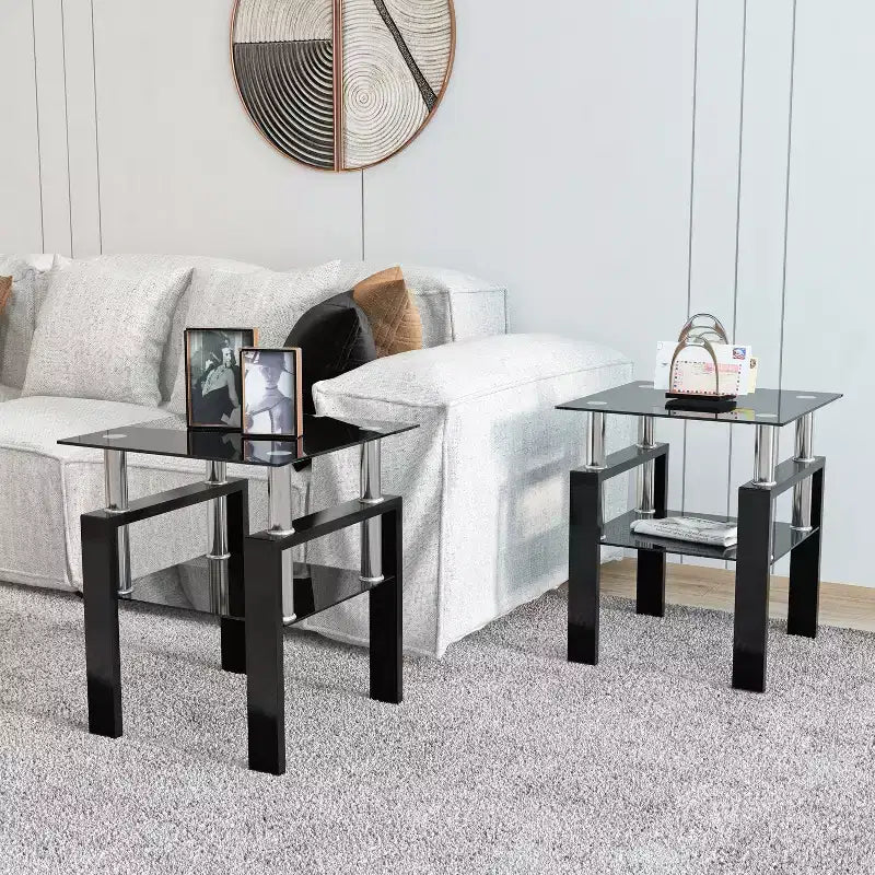 MAYEERTY Table d'appoint moderne en verre trempé, table d'appoint carrée pour salon, chambre à coucher, lot de 2, noir