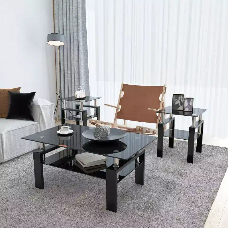MAYEERTY Table d'appoint moderne en verre trempé, table d'appoint carrée pour salon, chambre à coucher, lot de 2, noir