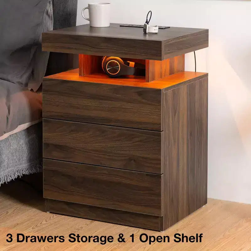 Hommpa Table de chevet LED moderne avec 3 tiroirs et station de recharge sans fil