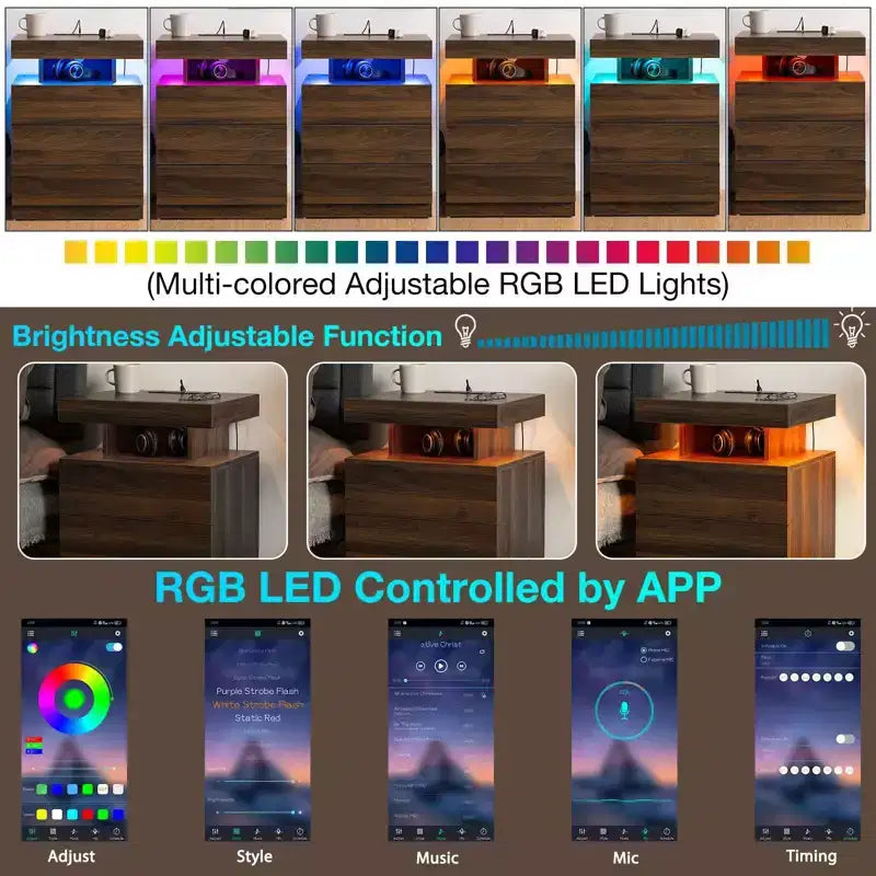 Hommpa Table de chevet LED moderne avec 3 tiroirs et station de recharge sans fil