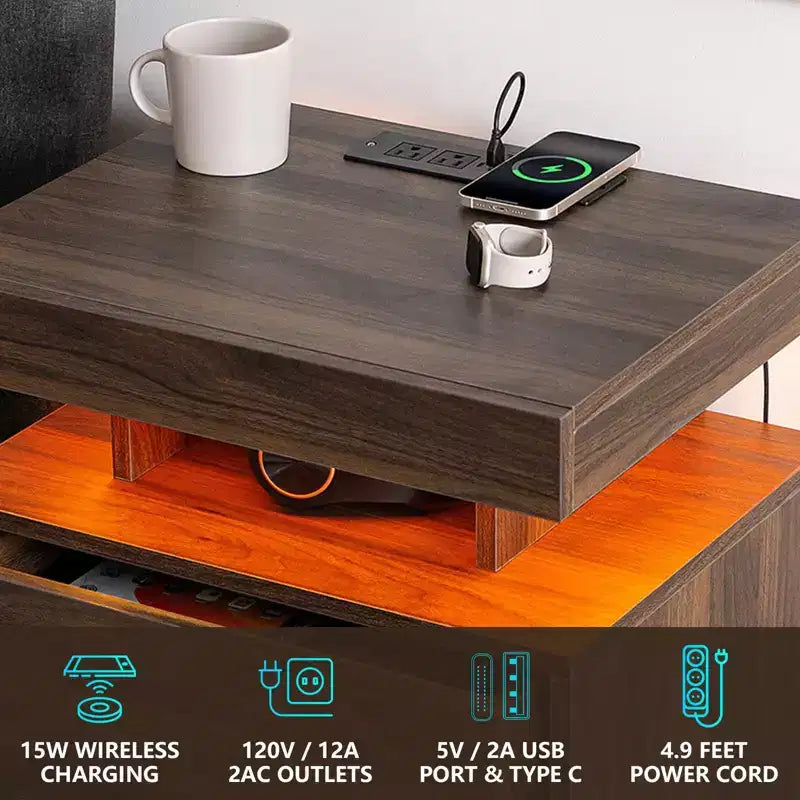 Hommpa Table de chevet LED moderne avec 3 tiroirs et station de recharge sans fil