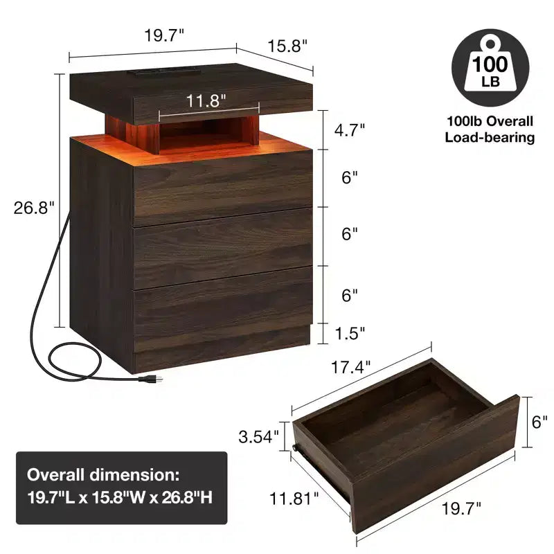 Hommpa Table de chevet LED moderne avec 3 tiroirs et station de recharge sans fil