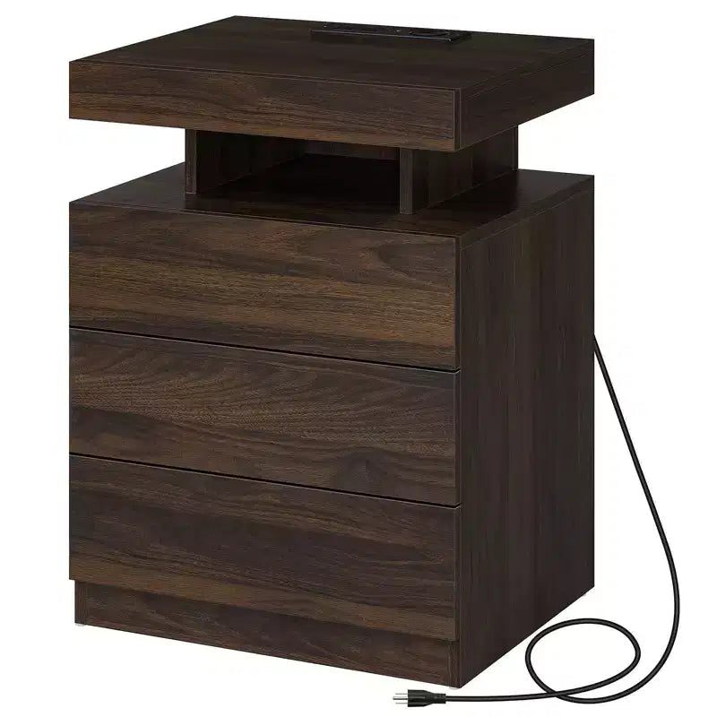 Hommpa Table de chevet LED moderne avec 3 tiroirs et station de recharge sans fil