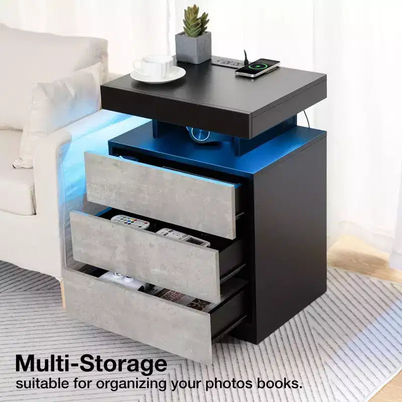 Hommpa Table de chevet LED moderne avec 3 tiroirs et station de recharge sans fil
