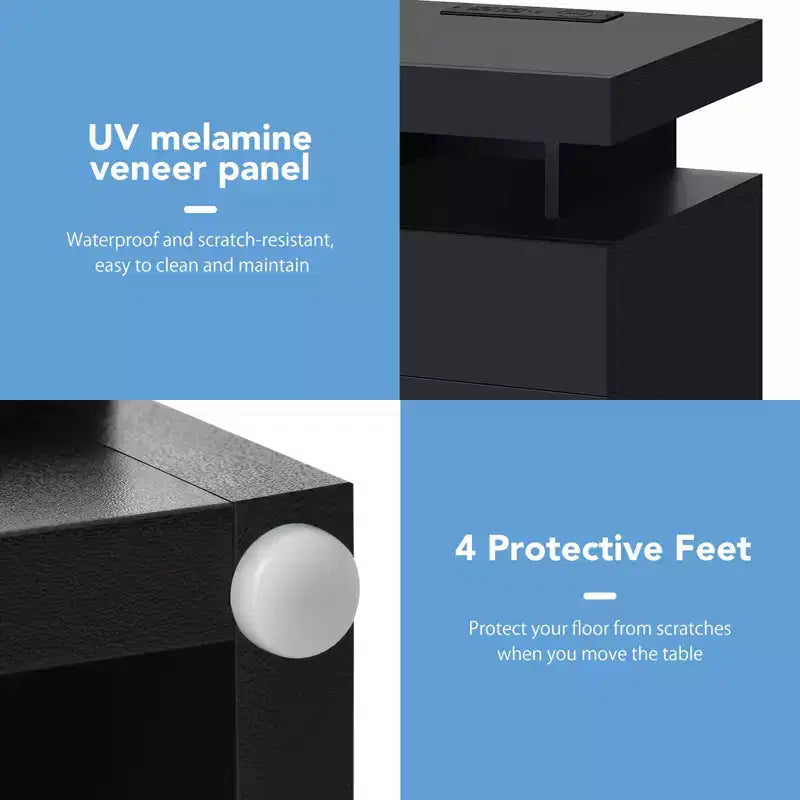 Hommpa Table de chevet LED moderne avec 3 tiroirs et station de recharge sans fil