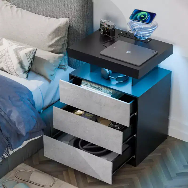 Hommpa Table de chevet LED moderne avec 3 tiroirs et station de recharge sans fil