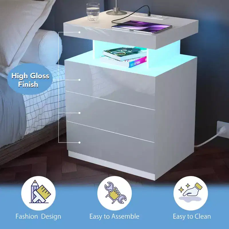 Hommpa Table de chevet LED moderne avec 3 tiroirs et station de recharge sans fil