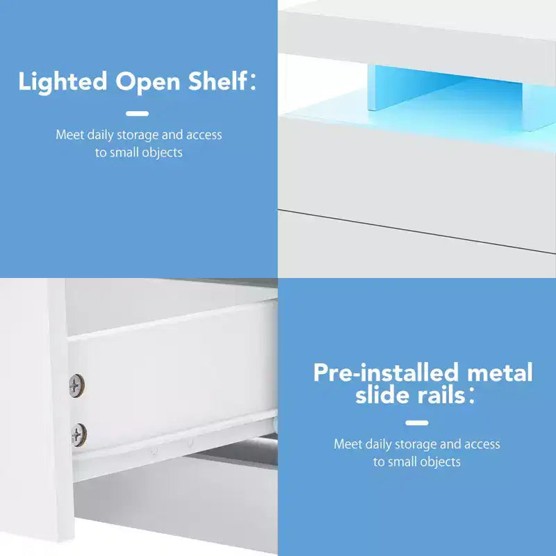 Hommpa Table de chevet LED moderne avec 3 tiroirs et station de recharge sans fil