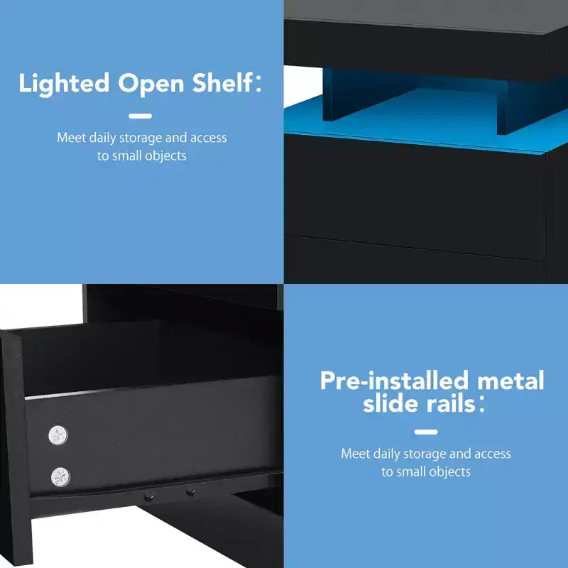 Hommpa Table de chevet LED moderne avec 3 tiroirs et station de recharge sans fil