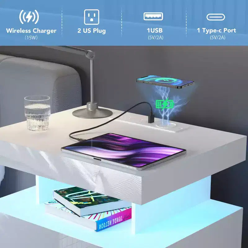 Hommpa Table de chevet LED moderne avec 3 tiroirs et station de recharge sans fil