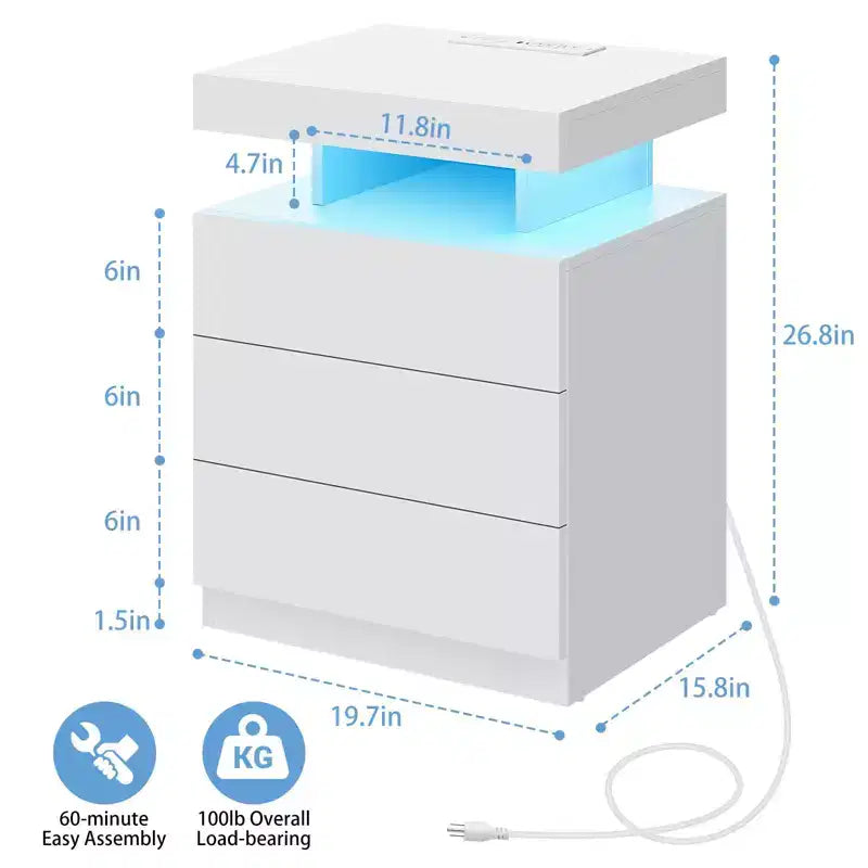Hommpa Table de chevet LED moderne avec 3 tiroirs et station de recharge sans fil