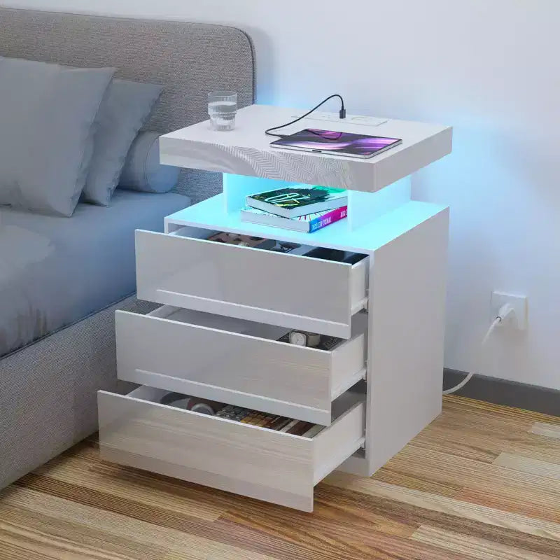 Hommpa Table de chevet LED moderne avec 3 tiroirs et station de recharge sans fil
