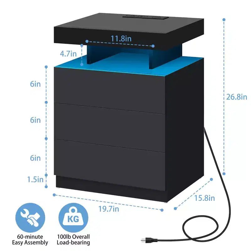 Hommpa Table de chevet LED moderne avec 3 tiroirs et station de recharge sans fil