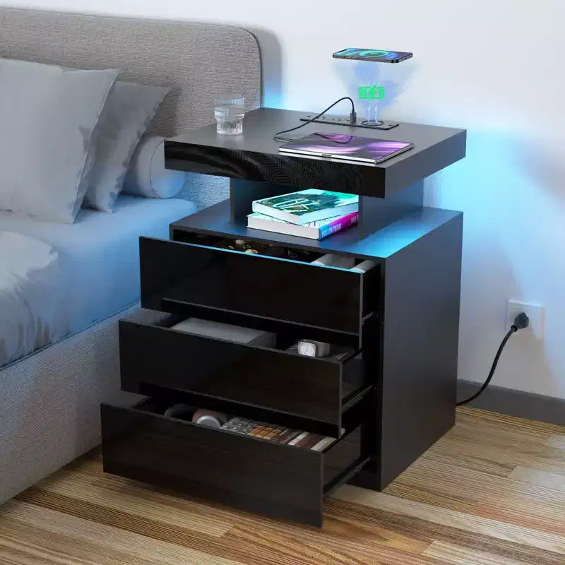 Hommpa Table de chevet LED moderne avec 3 tiroirs et station de recharge sans fil