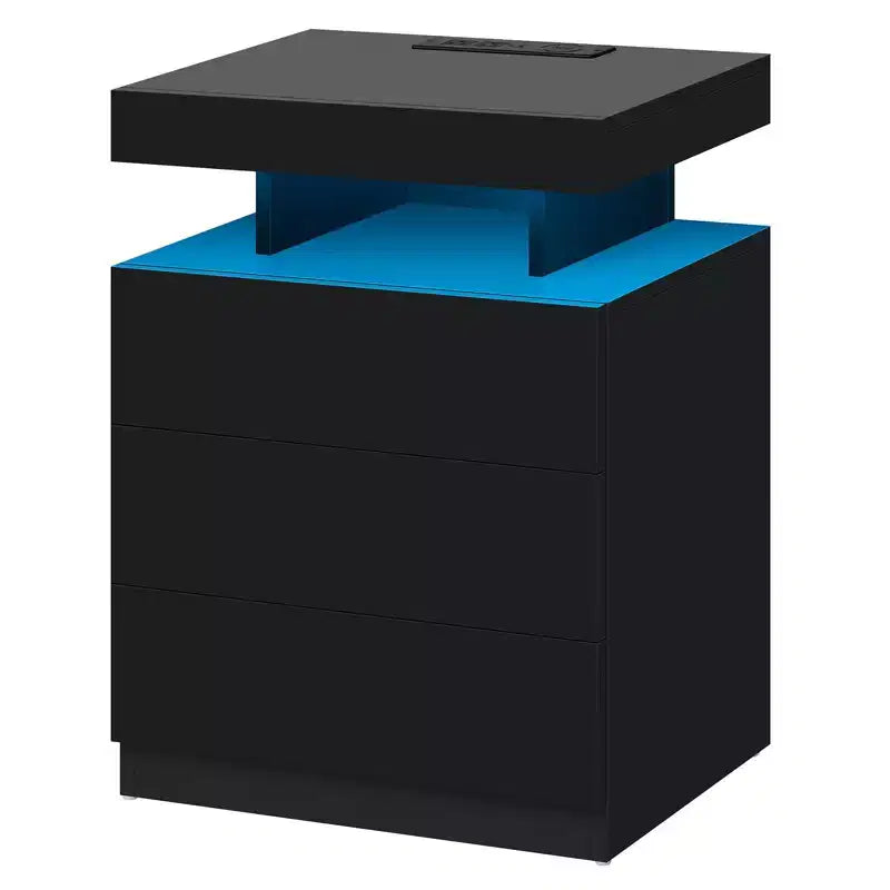 Hommpa Table de chevet LED moderne avec 3 tiroirs et station de recharge sans fil