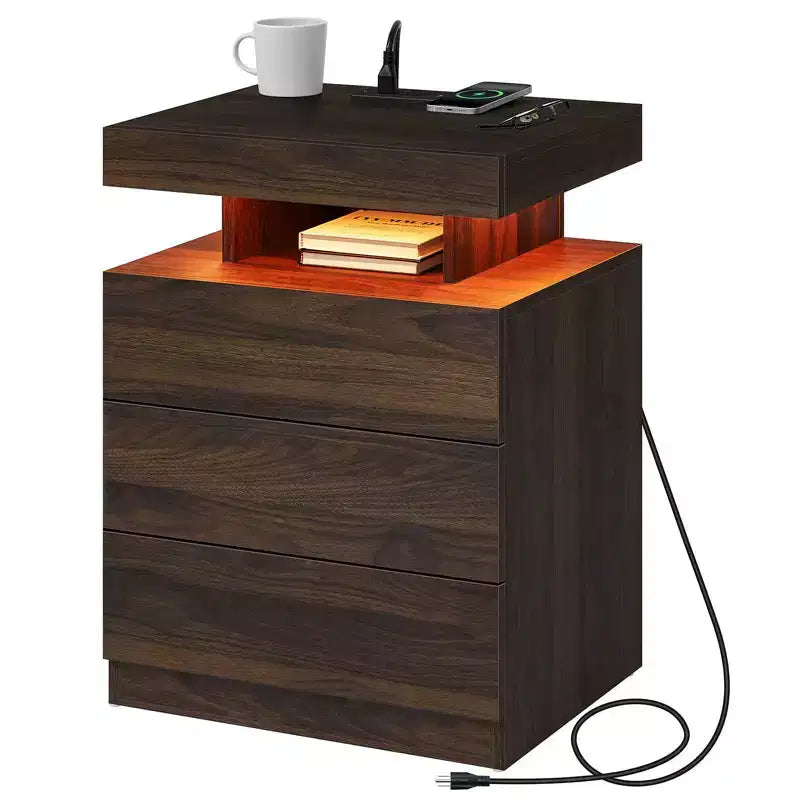 Hommpa Table de chevet LED moderne avec 3 tiroirs et station de recharge sans fil