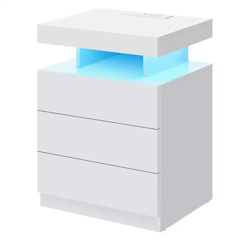 Hommpa Table de chevet LED moderne avec 3 tiroirs et station de recharge sans fil