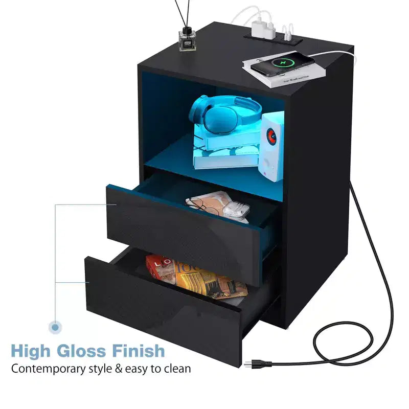 Table de chevet moderne Hommpa avec étagère ouverte, veilleuse LED et station de charge