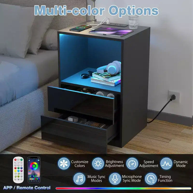 Table de chevet moderne Hommpa avec étagère ouverte, veilleuse LED et station de charge