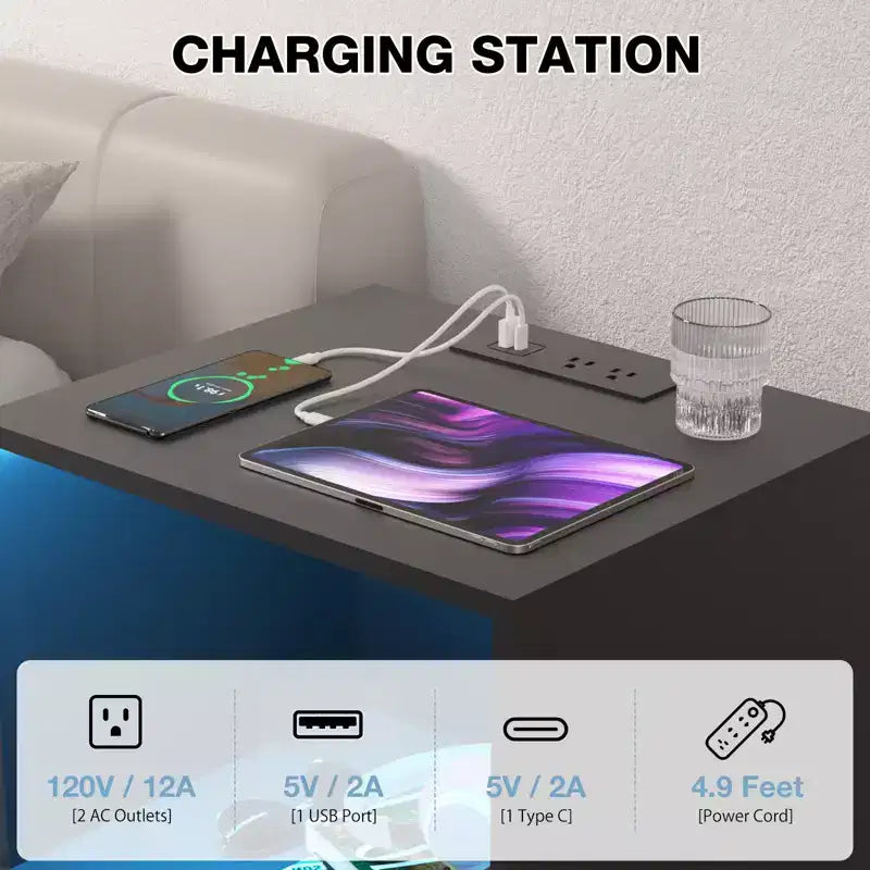 Table de chevet moderne Hommpa avec étagère ouverte, veilleuse LED et station de charge