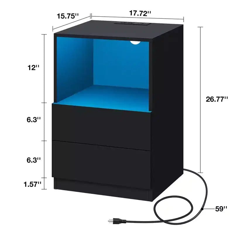 Table de chevet moderne Hommpa avec étagère ouverte, veilleuse LED et station de charge