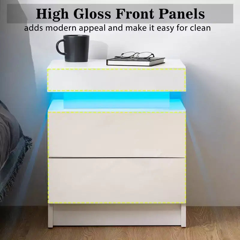 Table de Chevet Hommpa LED Moderne Haute Brillance avec 2 Tiroirs