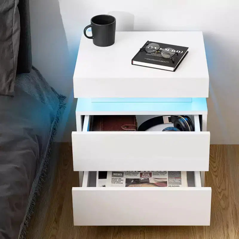 Table de Chevet Hommpa LED Moderne Haute Brillance avec 2 Tiroirs