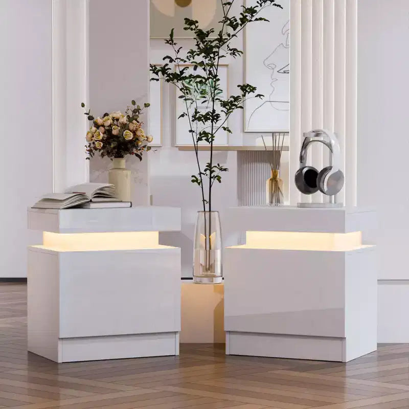 Table de Chevet Hommpa LED Moderne Haute Brillance avec 2 Tiroirs