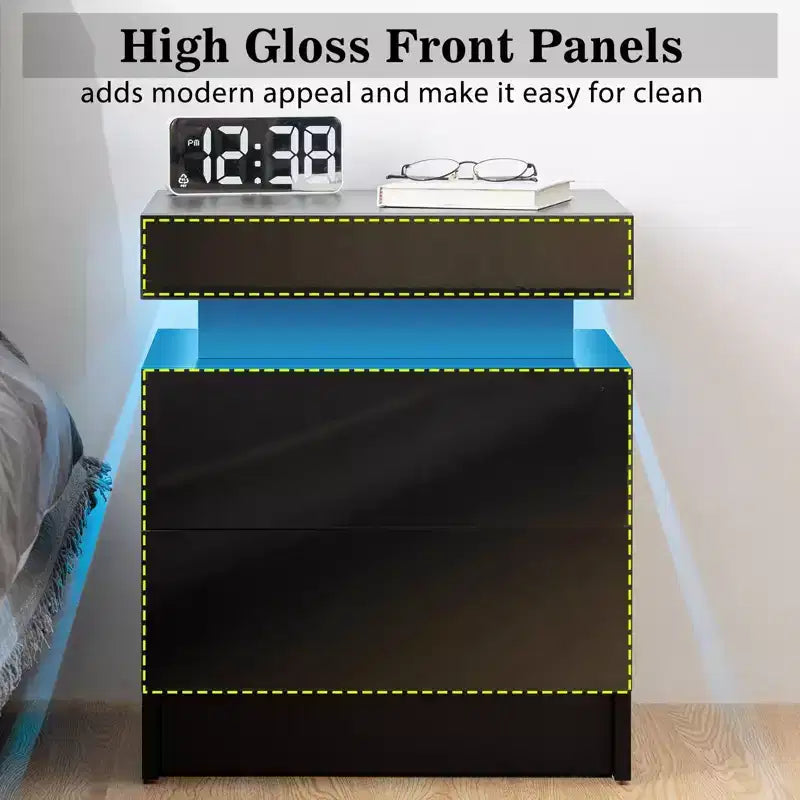 Table de Chevet Hommpa LED Moderne Haute Brillance avec 2 Tiroirs