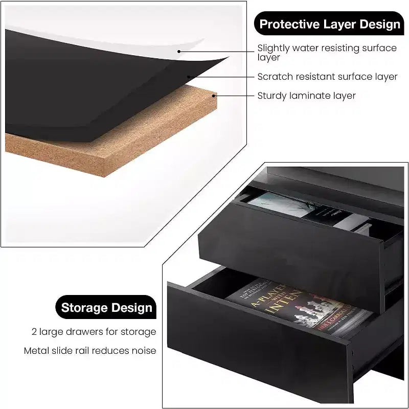 Table de Chevet Hommpa LED Moderne Haute Brillance avec 2 Tiroirs