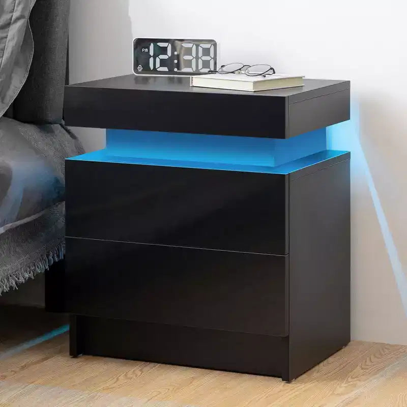 Table de Chevet Hommpa LED Moderne Haute Brillance avec 2 Tiroirs