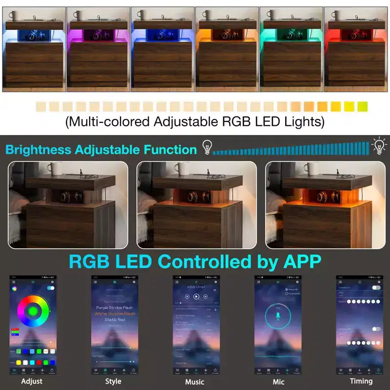 Table de Chevet Moderne Hommpa à LED avec Station de Recharge sans Fil et 2 Tiroirs