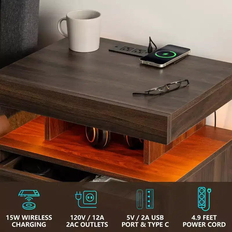 Table de Chevet Moderne Hommpa à LED avec Station de Recharge sans Fil et 2 Tiroirs
