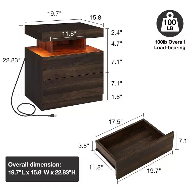 Table de Chevet Moderne Hommpa à LED avec Station de Recharge sans Fil et 2 Tiroirs