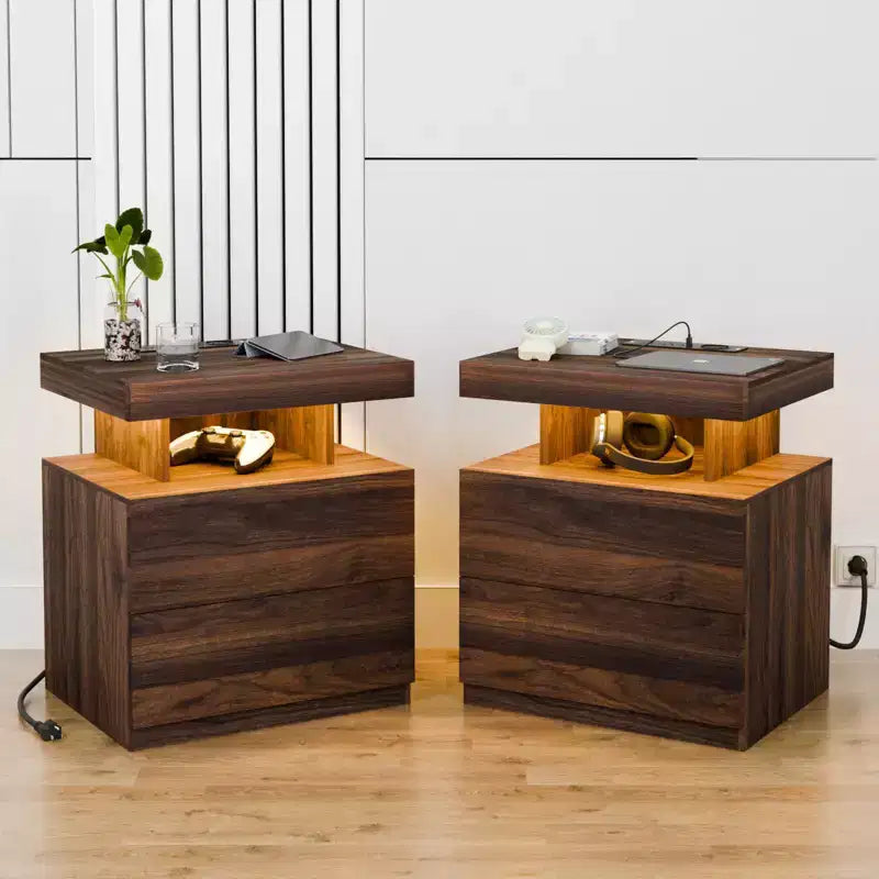 Table de Chevet Moderne Hommpa à LED avec Station de Recharge sans Fil et 2 Tiroirs