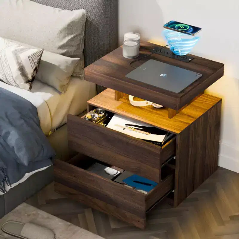 Table de Chevet Moderne Hommpa à LED avec Station de Recharge sans Fil et 2 Tiroirs